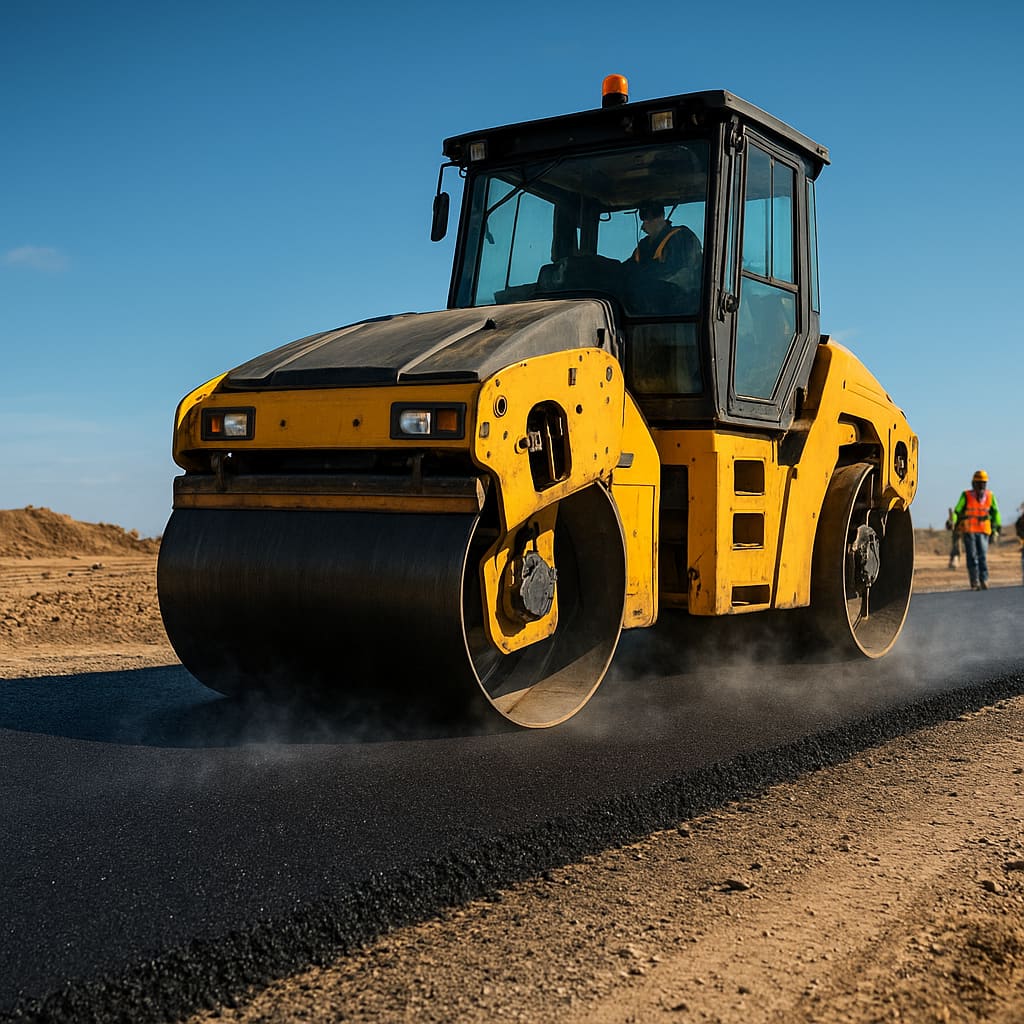 Straßenwalze auf neuem Asphalt